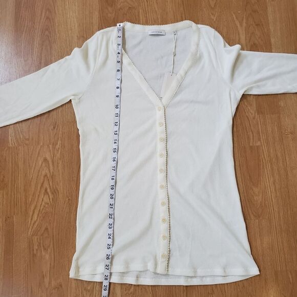 NEW! Rebecca Taylor Ribbed Pima Cotton V-Neck Cardigan - size Large in Ivory. - Picture 9 of 13
